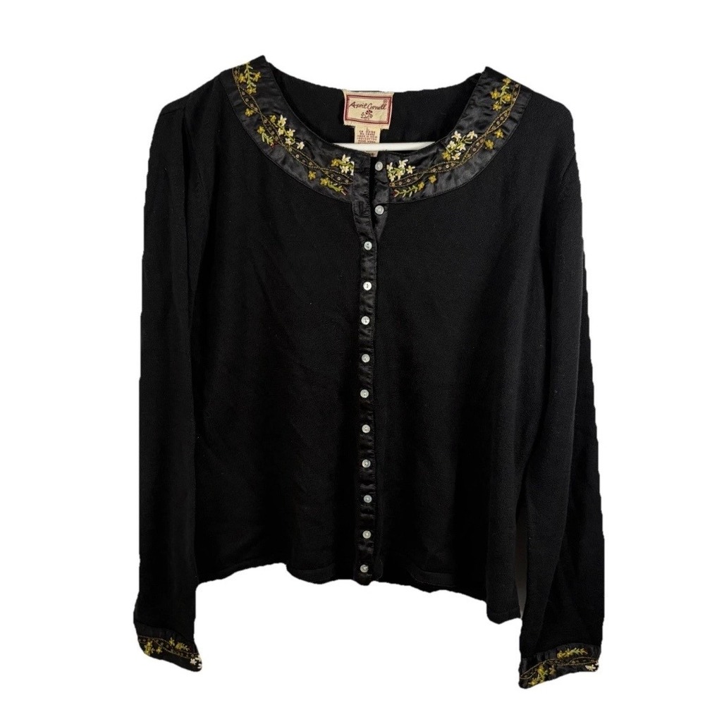 Vintage April Cornell Black Cardigan Sweater Sz L Floral‎ Embroidered Cotton